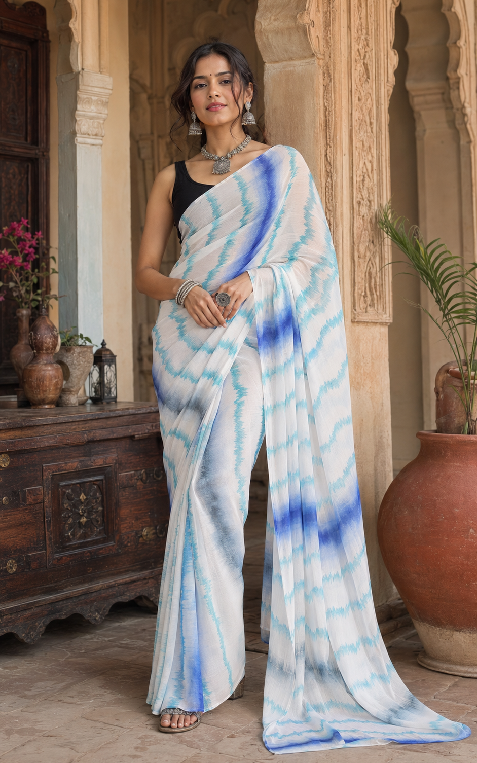 Soft Georgette Sibori Print Saree With Unstitched Blouse(Blue)