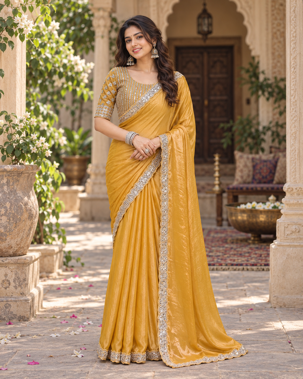 Chiffon Designer Saree With Unstitched Blouse(Mustard)