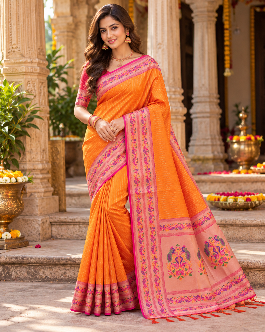 Paithani Silk Zari Work Saree With Unstitched Blouse(Orange)