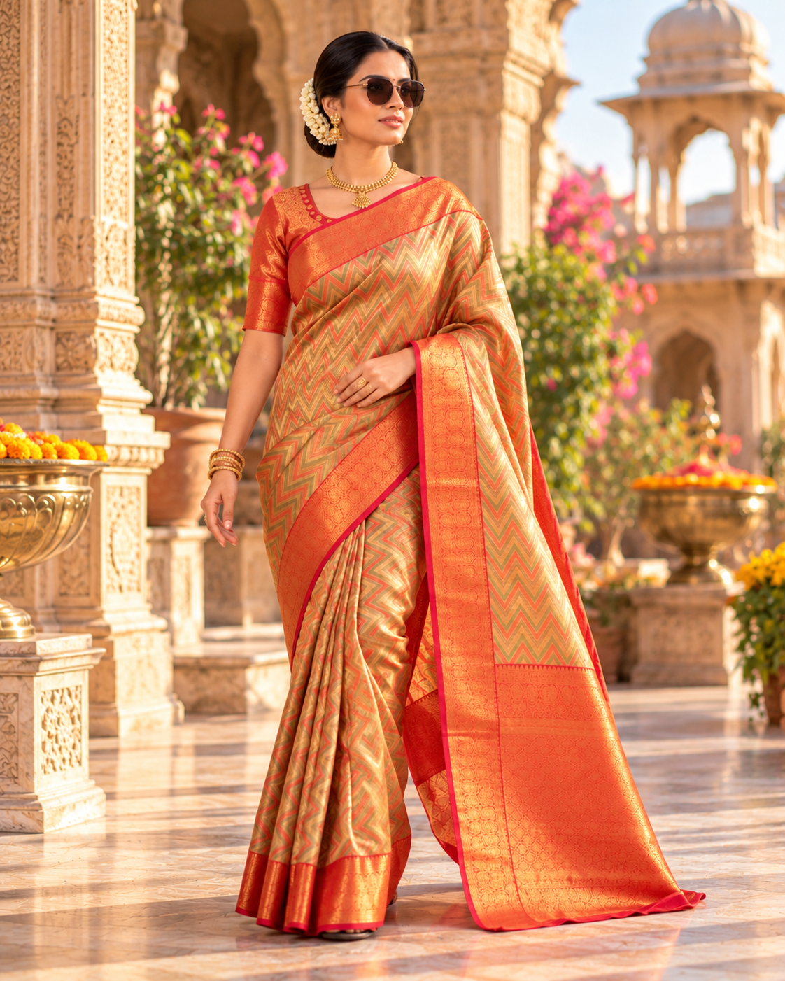 Pure Kanjivaram Silk Saree With Unstitched Blouse(Orange)