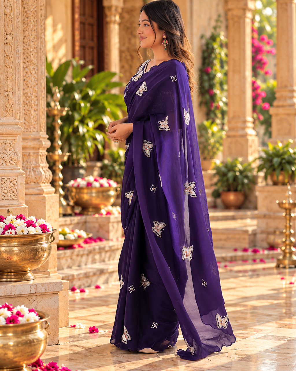 Satin Silk Embroidery Work Saree With Unstitched Blouse(Violet)