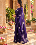 Satin Silk Embroidery Work Saree With Unstitched Blouse(Violet)