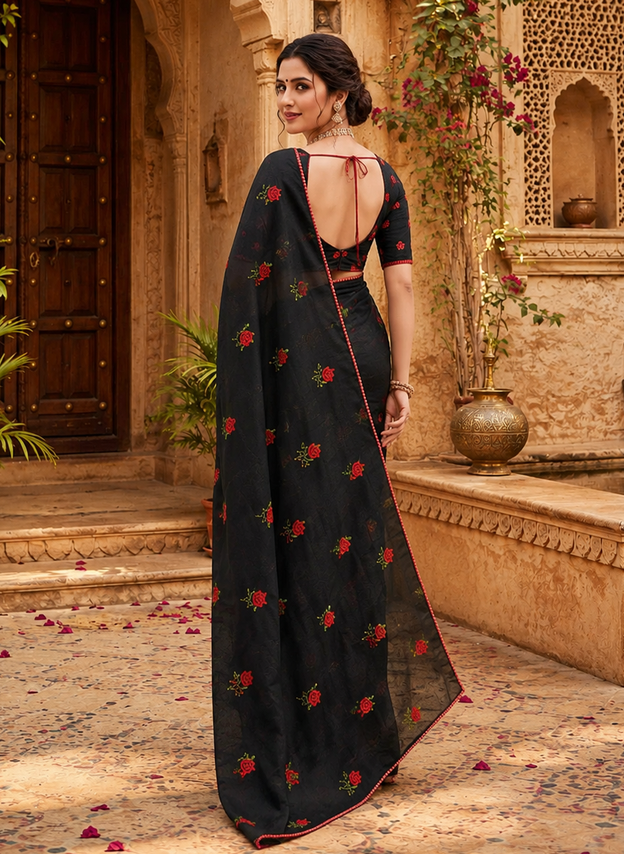 Premium Soft Kota Doria Saree With Unstitched Blouse(Black)
