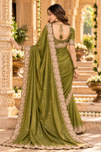 Satin Silk Embroidery Work Saree With Unstitched Blouse(Green)