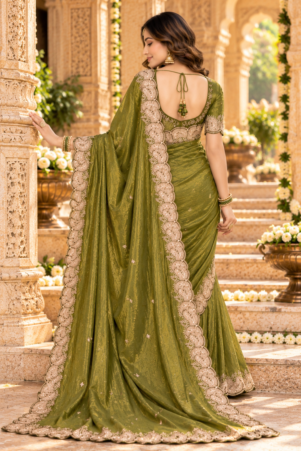 Satin Silk Embroidery Work Saree With Unstitched Blouse(Green)