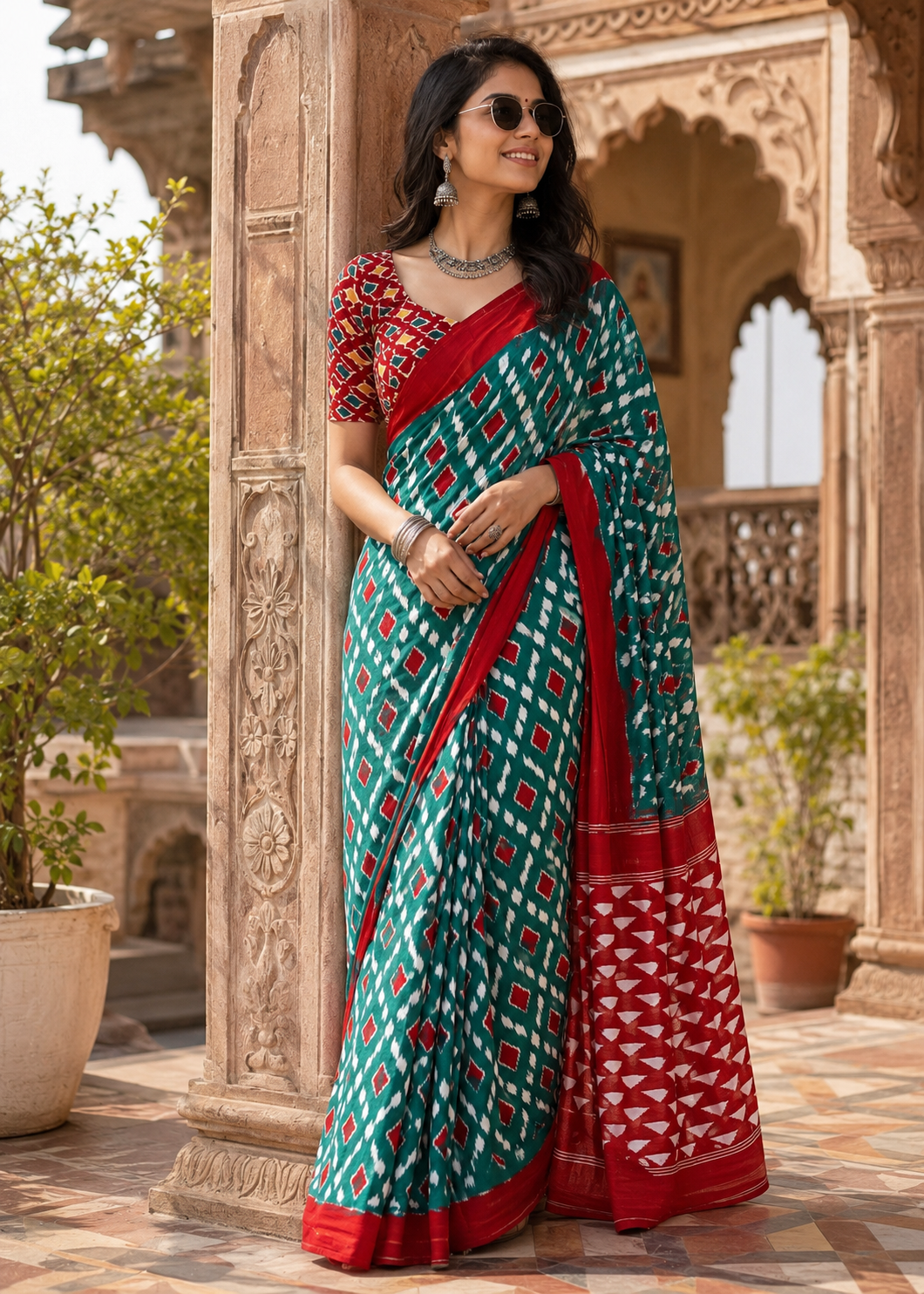 Pure Mulmul Cotton Printed Saree With Unstitched Blouse(Rama)