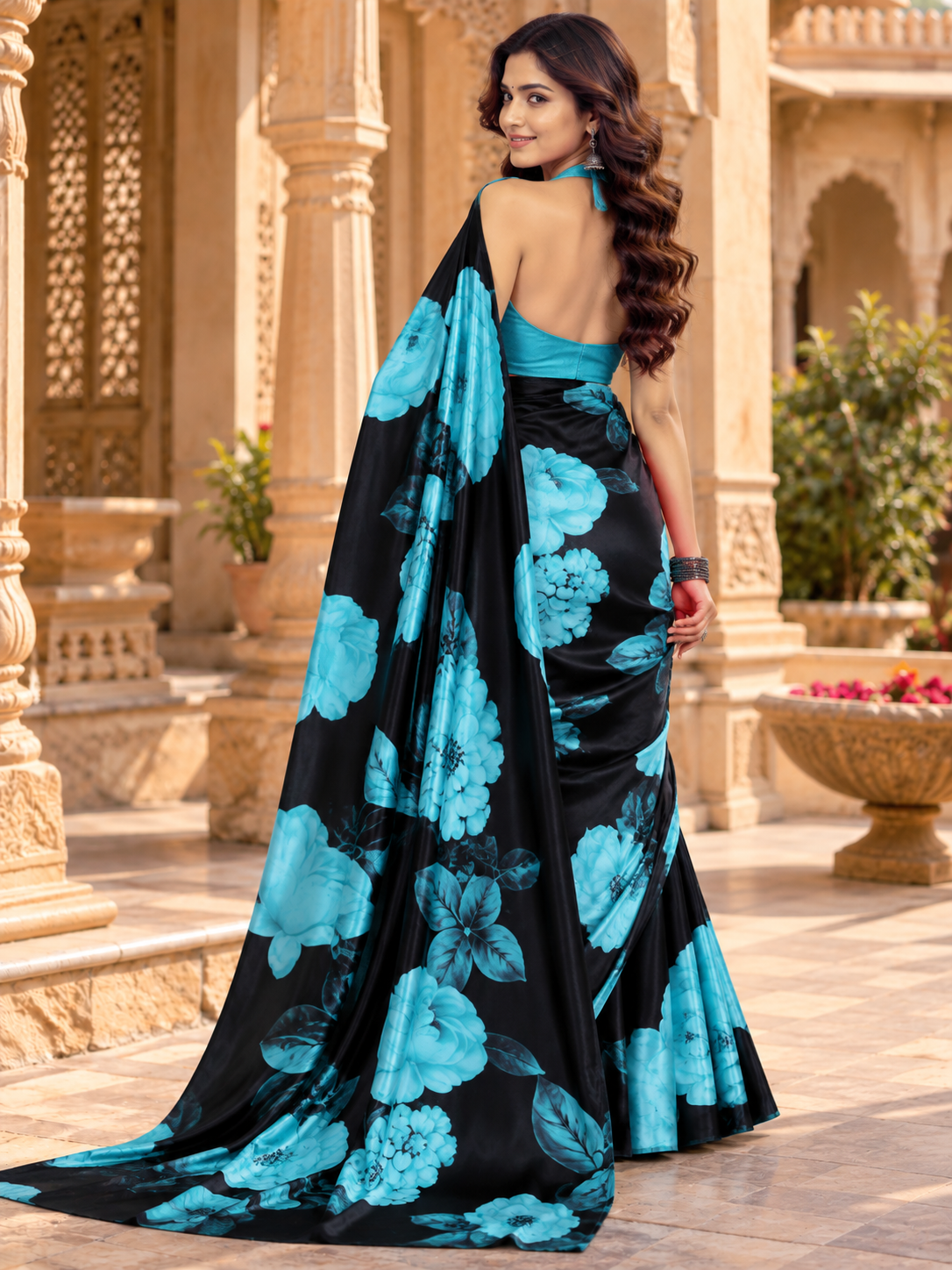 Satin Silk Floral Print Saree With Unstitched Blouse(Blue)