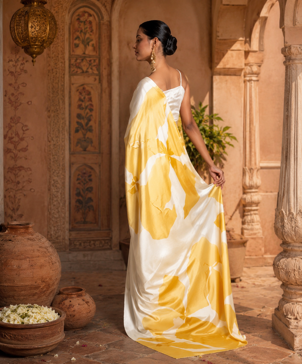 Japan Satin Printed Saree With unstitched Blouse(Yellow)
