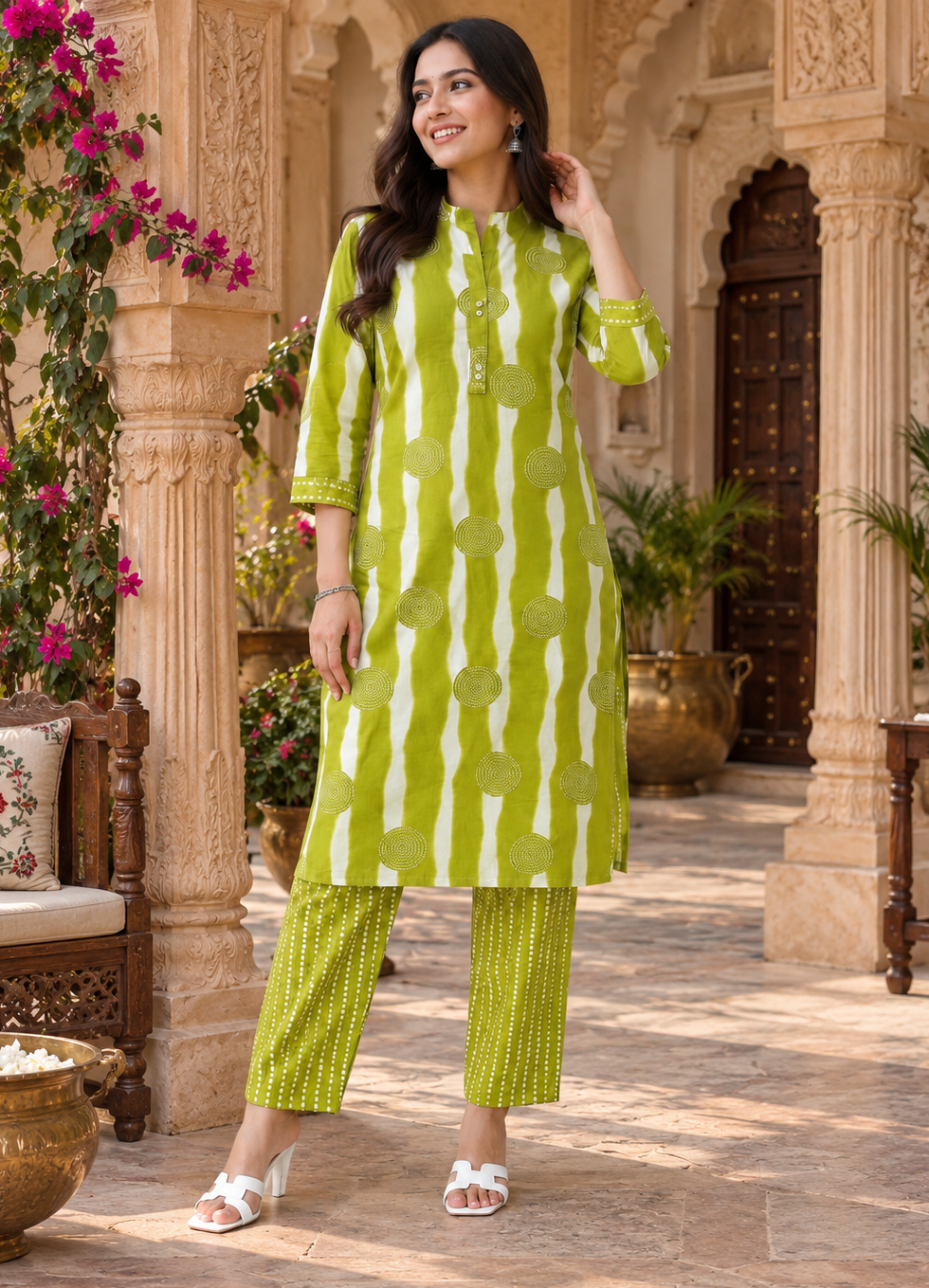 Poly Rayon Kurti Pant Set(Green)