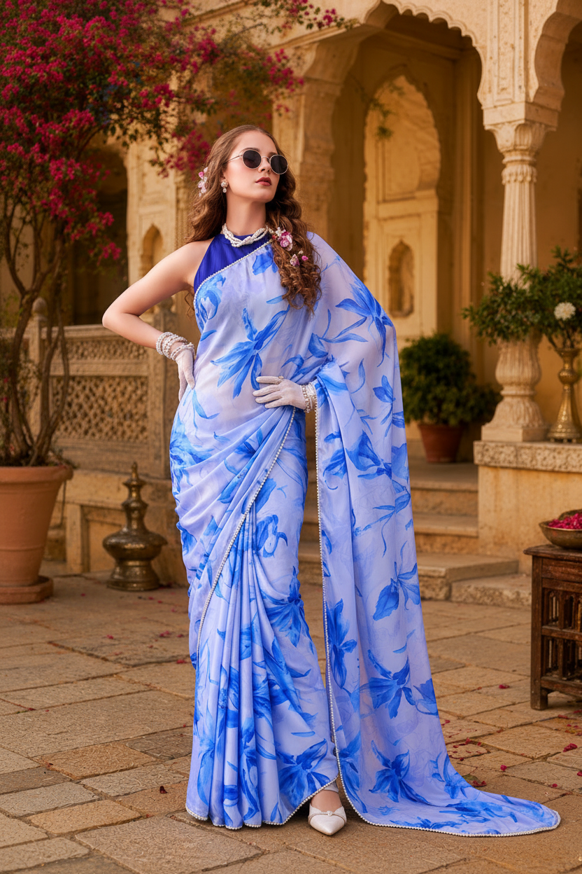 Satin Silk Floral Print Saree With Unstitched Blouse(Blue)