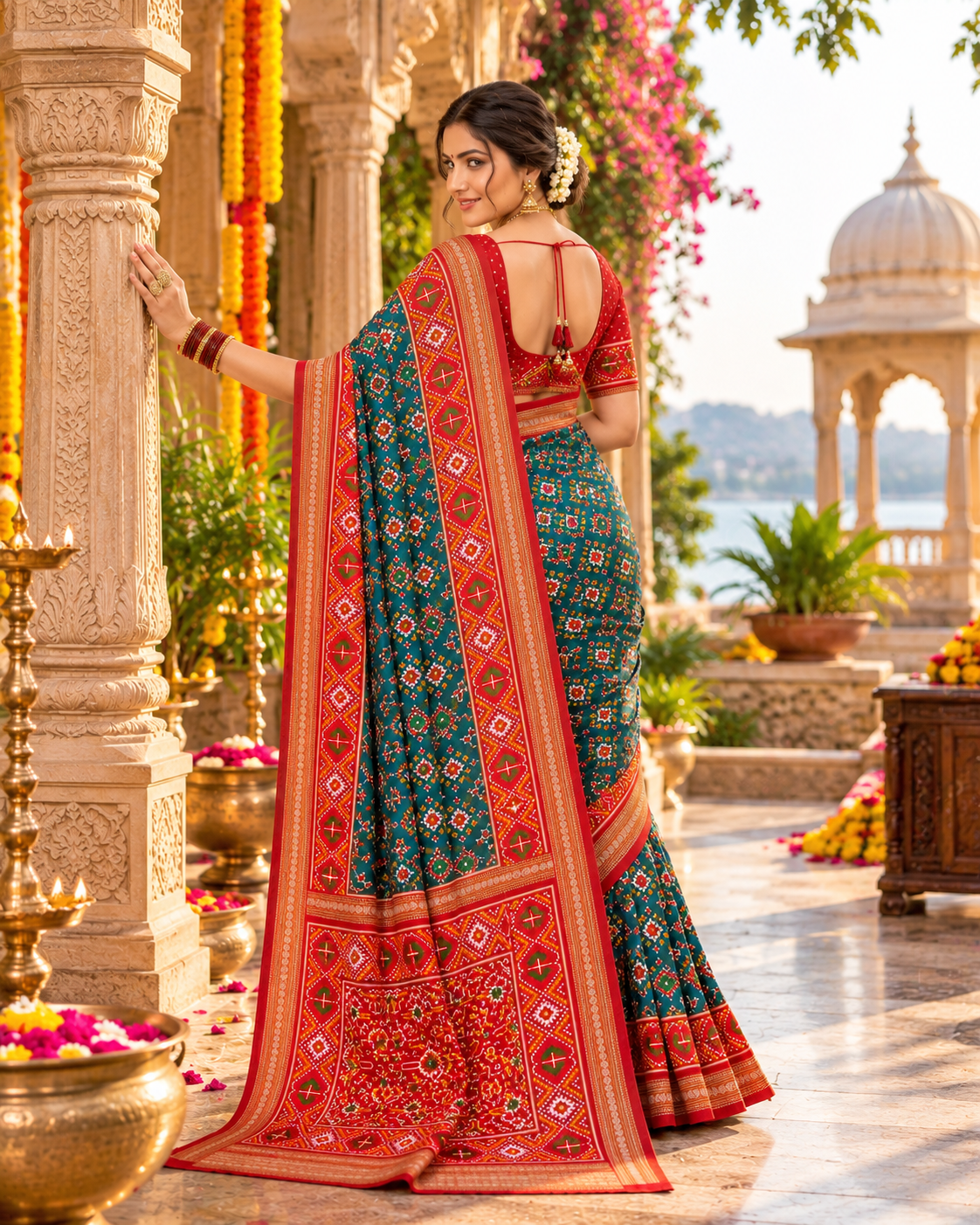 Premium Ashika Handloom Silk Patola Lagadi Patta Zari border Tassels Saree (Rama)