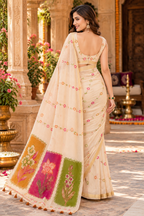 Soft Muga Cotton Printed Saree With Unstitched Blouse(Off White)