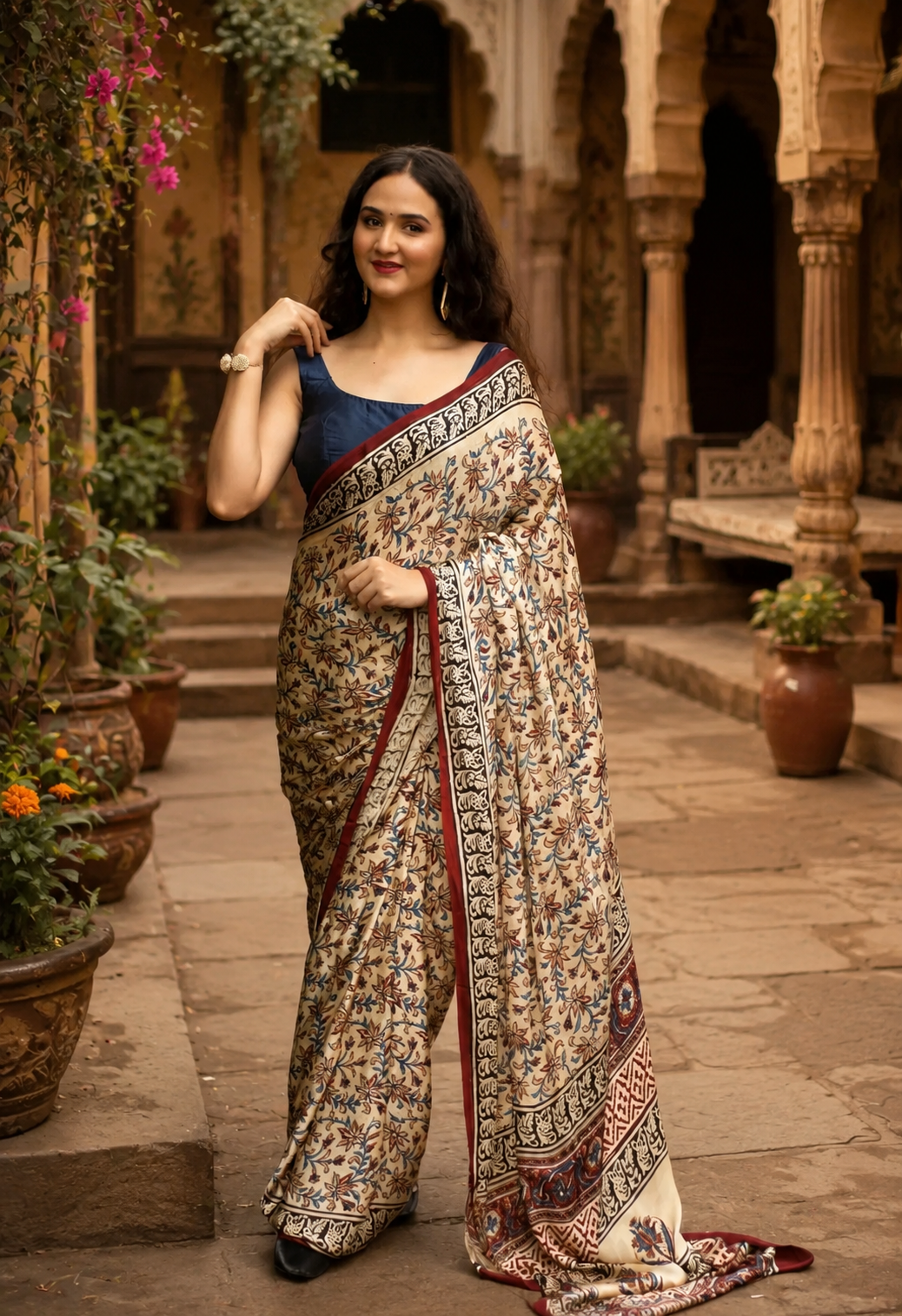 Gajji Silk Ajrakh Printed Saree With Unstitched Blouse(Beige)