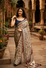 Load image into Gallery viewer, Gajji Silk Ajrakh Printed Saree With Unstitched Blouse(Beige)
