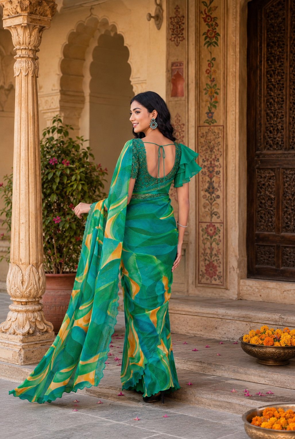 Satin Silk Floral Printed Saree With Unstitched Blouse(Green)