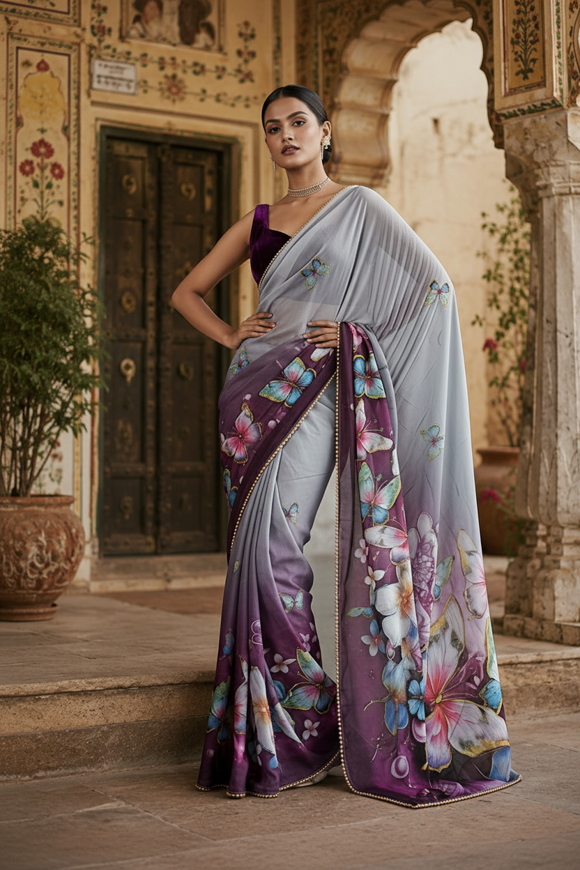 Georgette Printed Saree With Unstitched Blouse(Purple)