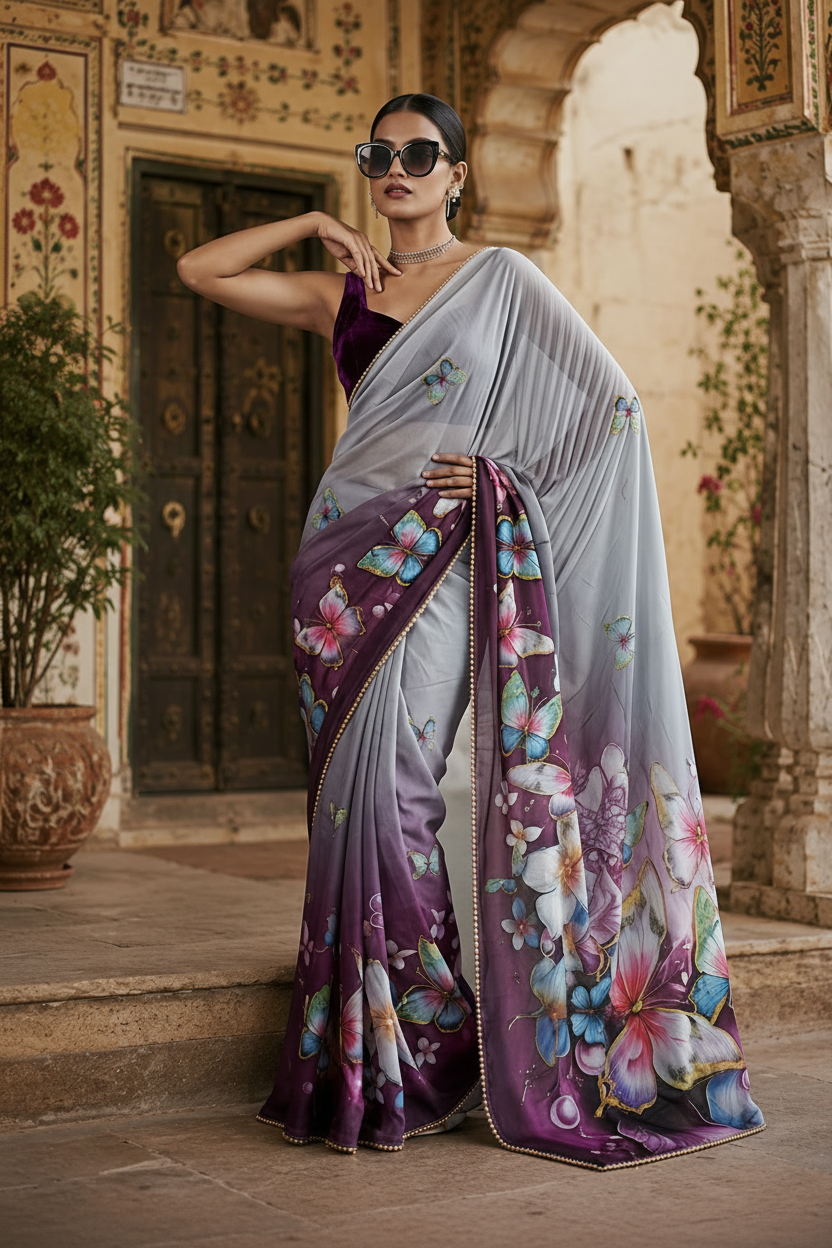 Georgette Printed Saree With Unstitched Blouse(Purple)