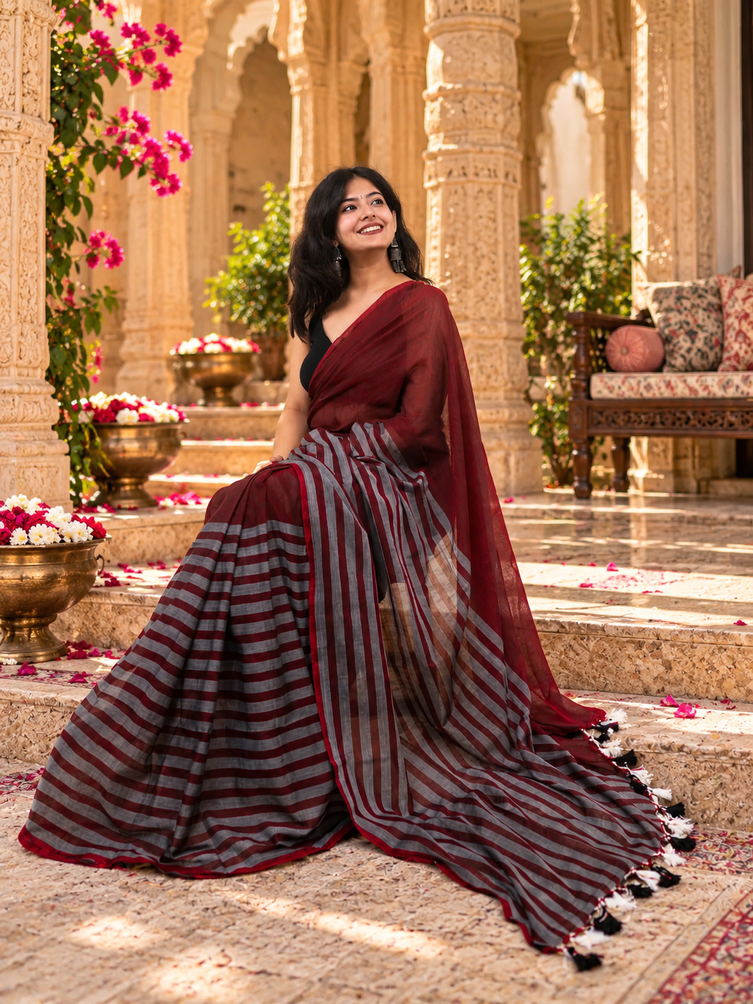 Cotton Digital Printed Saree With Unstitched Blouse(Maroon)