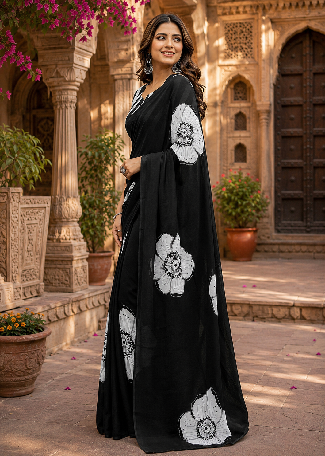 Cotton block flower print saree with unstitched blouse(black)