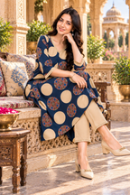 Cotton Printed Kurti Pant Two Piece Set(Blue)
