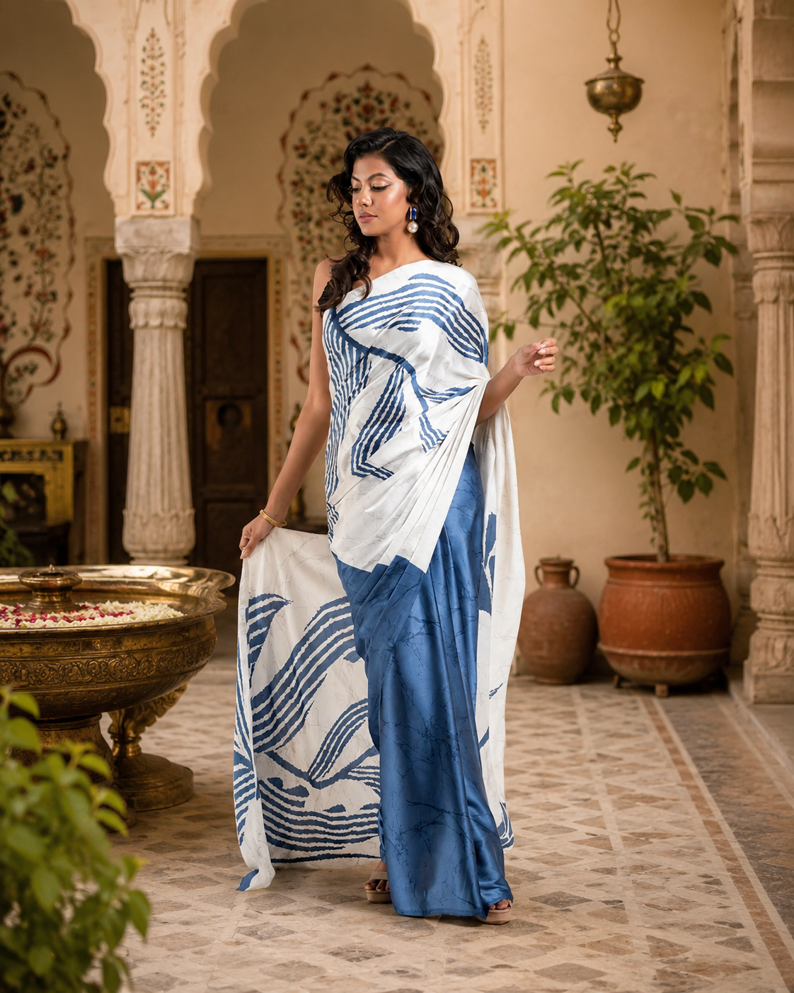 Satin Silk Digital Printed Saree With Unstitched Blouse(Blue)