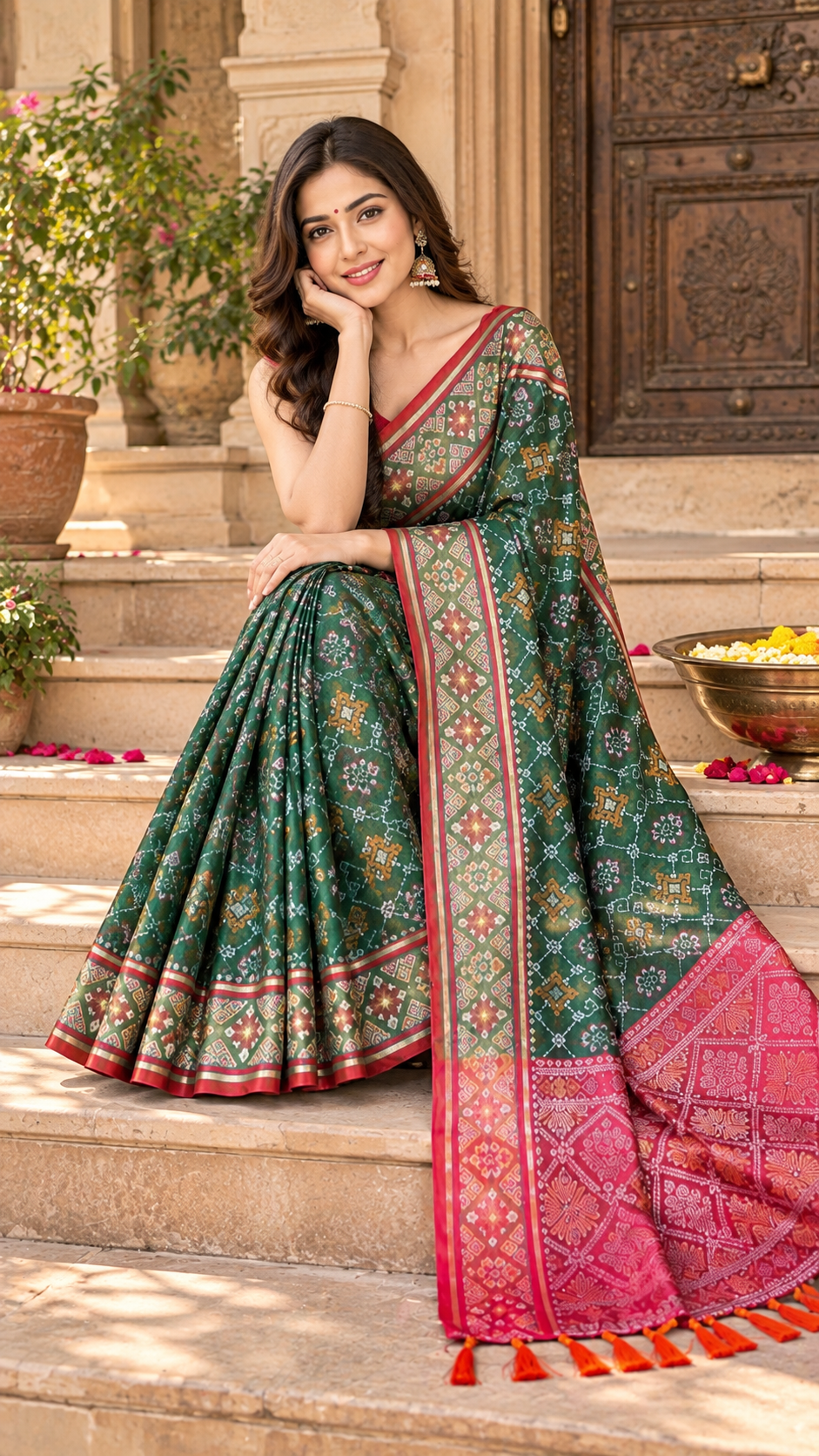 Premium Soft Silk Rangeen Patola Meenakari Rich Pallu Tassels Saree With Unstitched Blouse (Green)