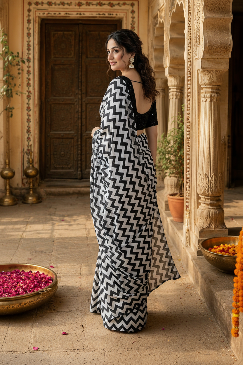 Georgette Marshmallow Printed Saree With Unstitched Blouse(White)