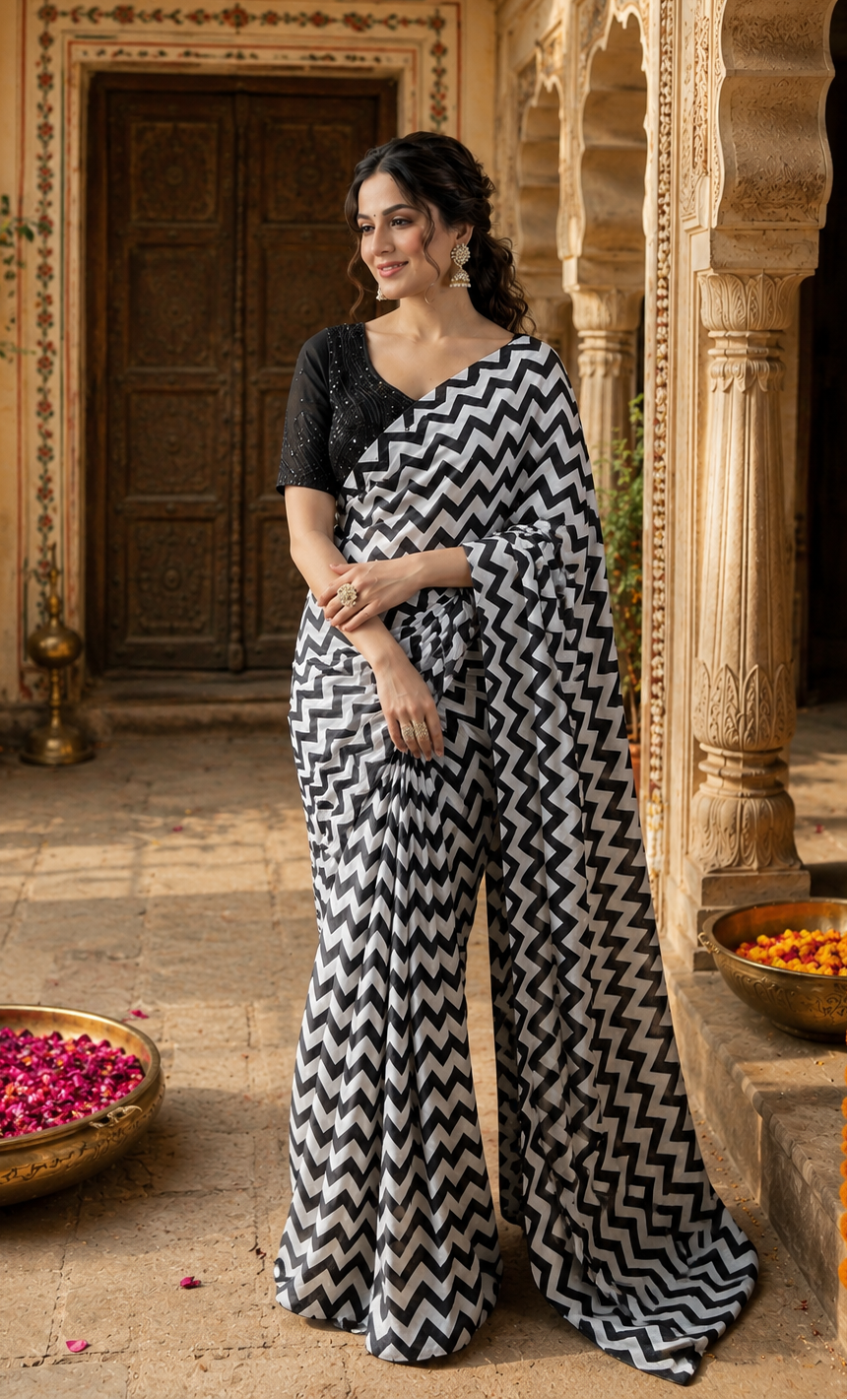 Georgette Marshmallow Printed Saree With Unstitched Blouse(White)