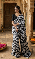 Georgette Marshmallow Printed Saree With Unstitched Blouse(White)