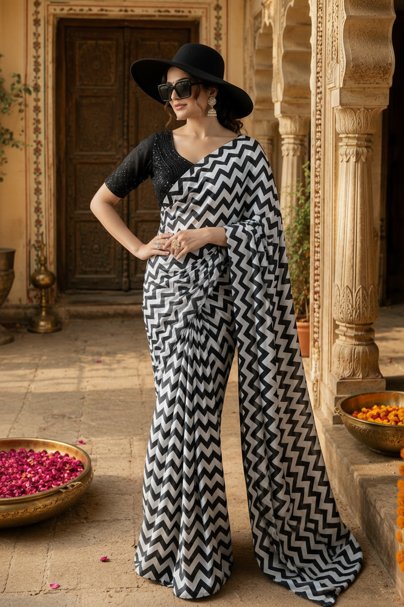 Georgette Marshmallow Printed Saree With Unstitched Blouse(White)