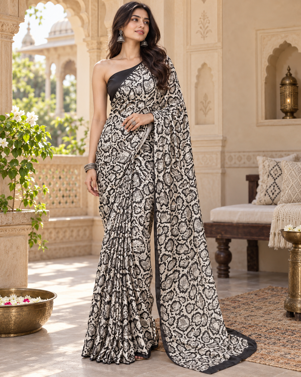 Satin Silk Printed Saree With Unstitched Blouse(White Rose)