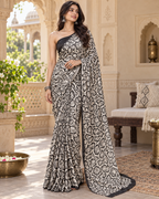 Satin Silk Printed Saree With Unstitched Blouse(White Rose)