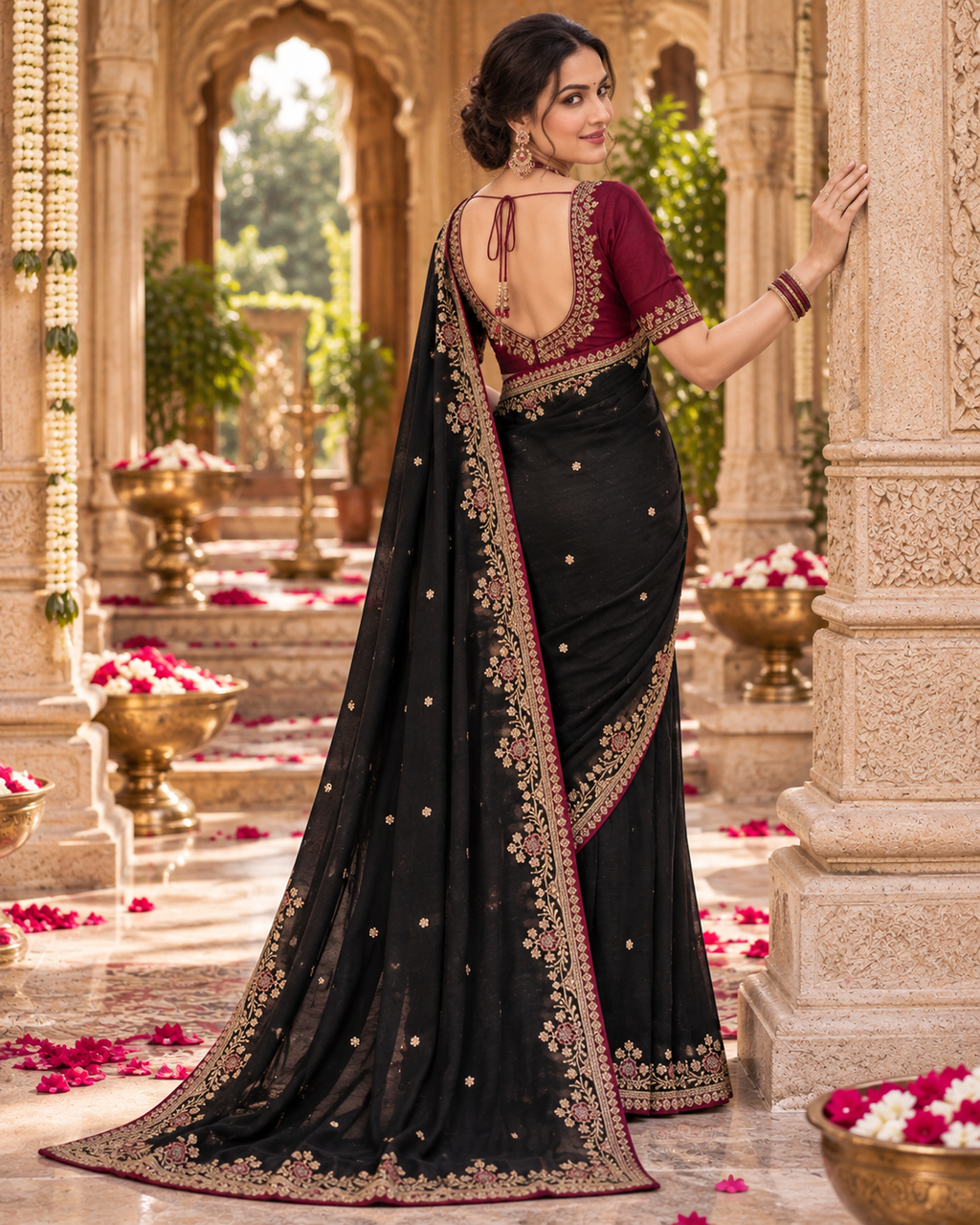 Premium Georgette Embroidery Work Saree With Unstitched Blouse(Black)