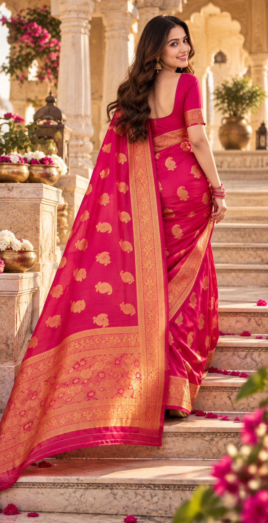 Fantasy Silk Traditional Buttas Copper Zari Weaving Saree With Unstitched Blouse(Rani)