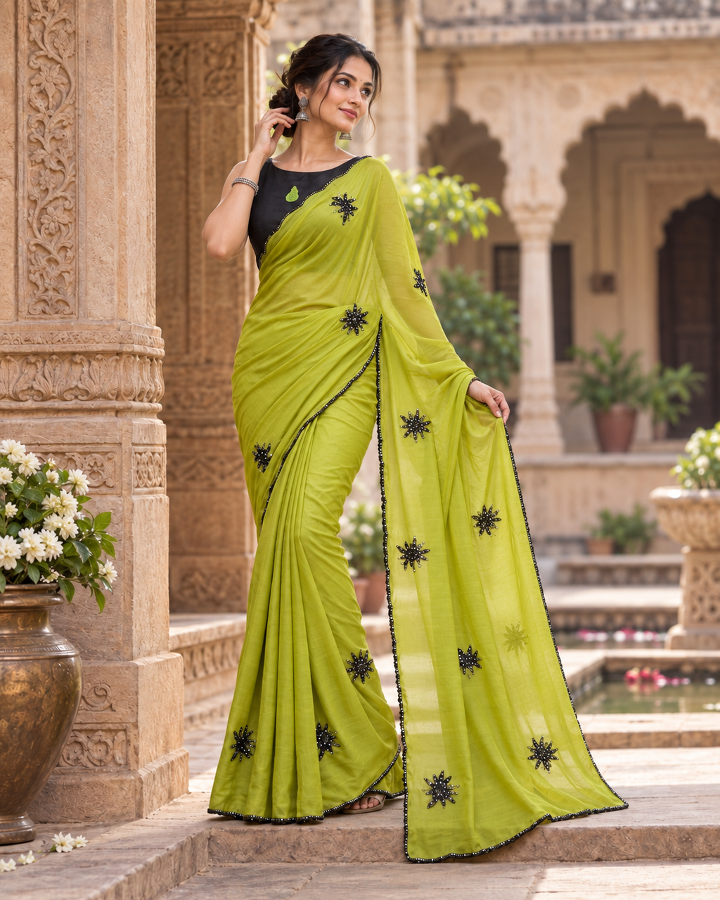 Georgette Sequins Work Saree With Unstitched Blouse(Green)