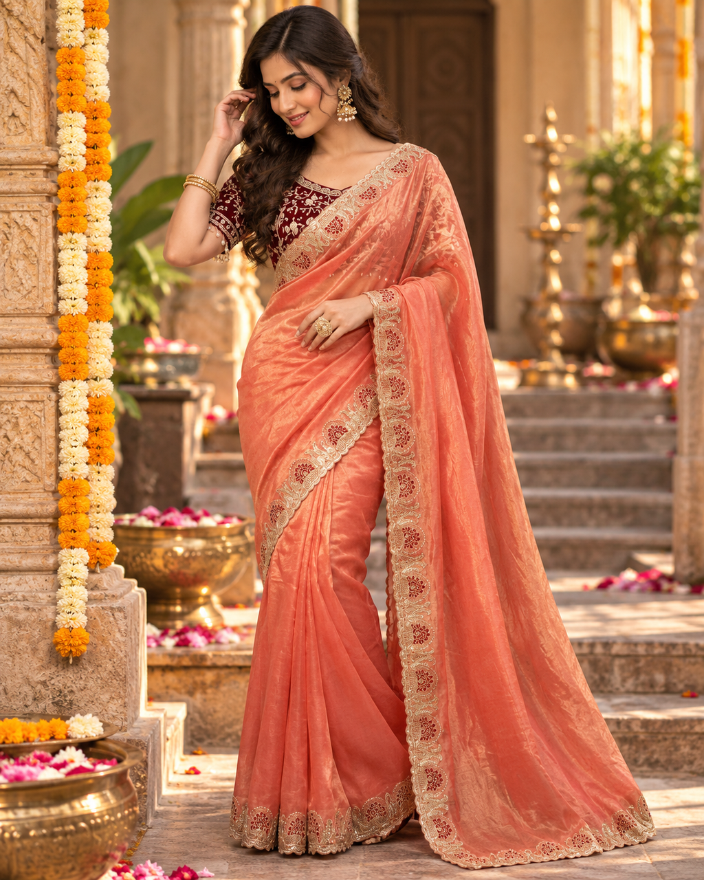 Satin Silk Zari Embroidery Sequin Work Saree With Unstitched Blouse(Peach)