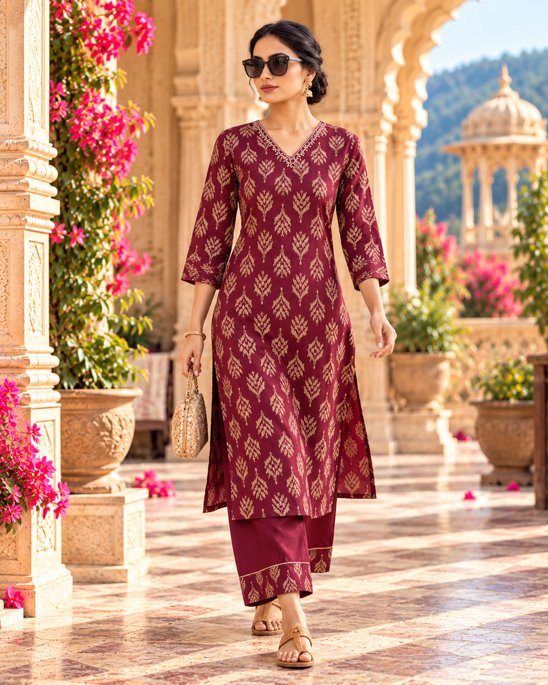 Pure Cotton Kurti Pant Two piece Set(Wine)