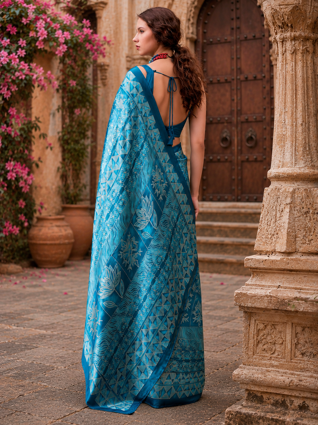 Satin Silk Designer Saree With Unstitched Blouse(Blue)