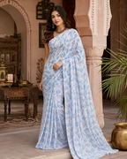 Satin Silk Printed Saree With Unstitched Blouse(Sky)