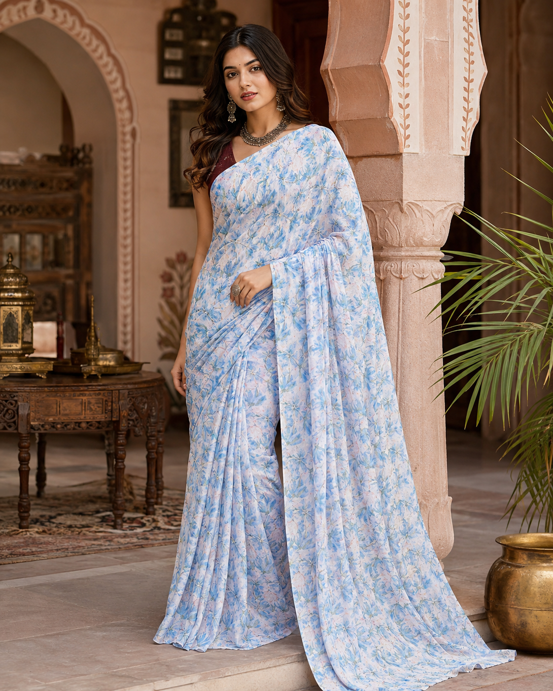 Satin Silk Printed Saree With Unstitched Blouse(Sky)