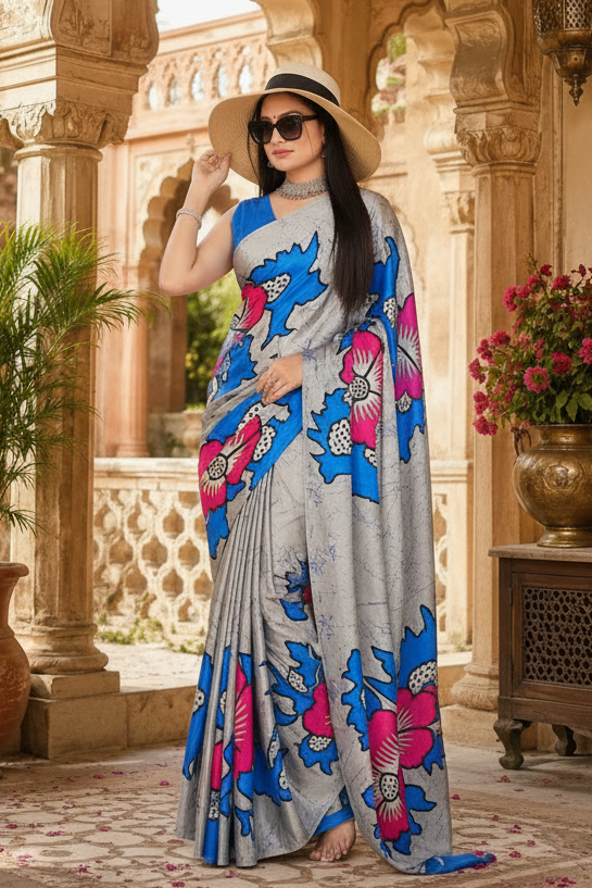 Satin Silk Printed Saree With Unstitched Blouse(Blue)