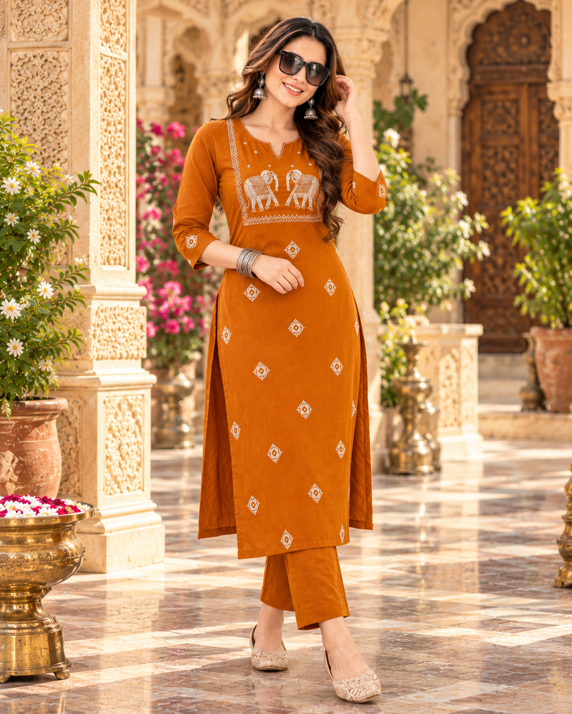 Cotton Kurti Pant Two Piece Set(Mustard)