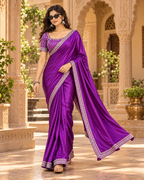 Premium Satin Silk Sequin Thread Work Saree with Unstitched Blouse(Purple)