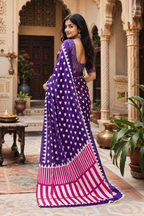 Satin Silk Ajrakh Print Saree With Unstitched Blouse(Violet)