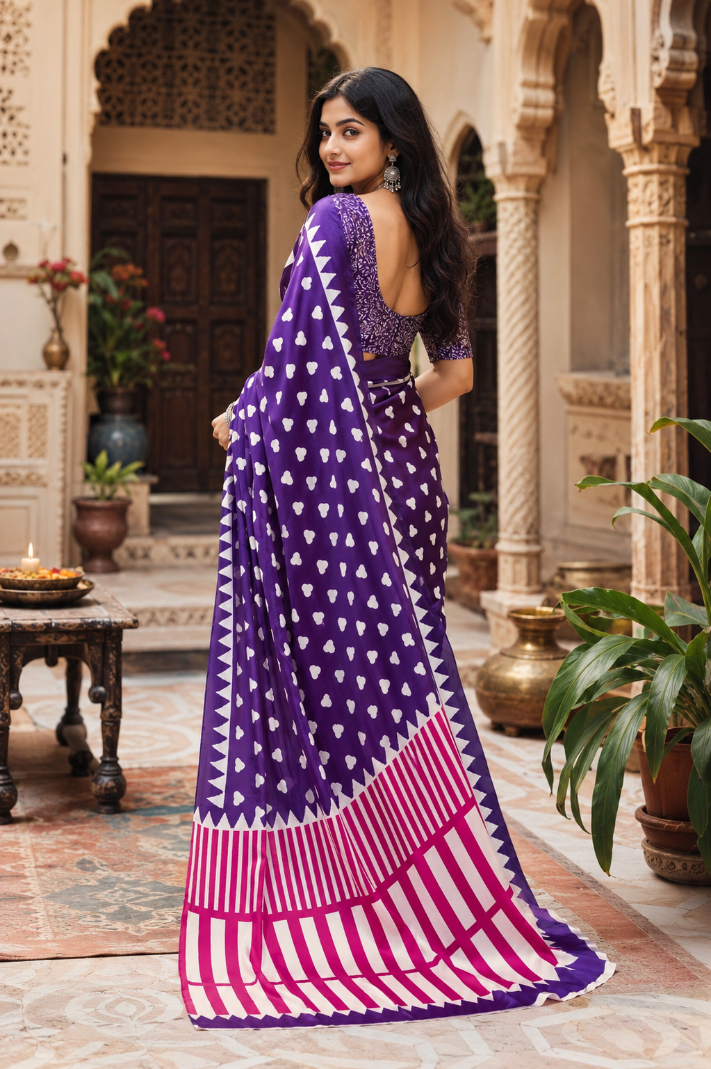 Satin Silk Ajrakh Print Saree With Unstitched Blouse(Violet)