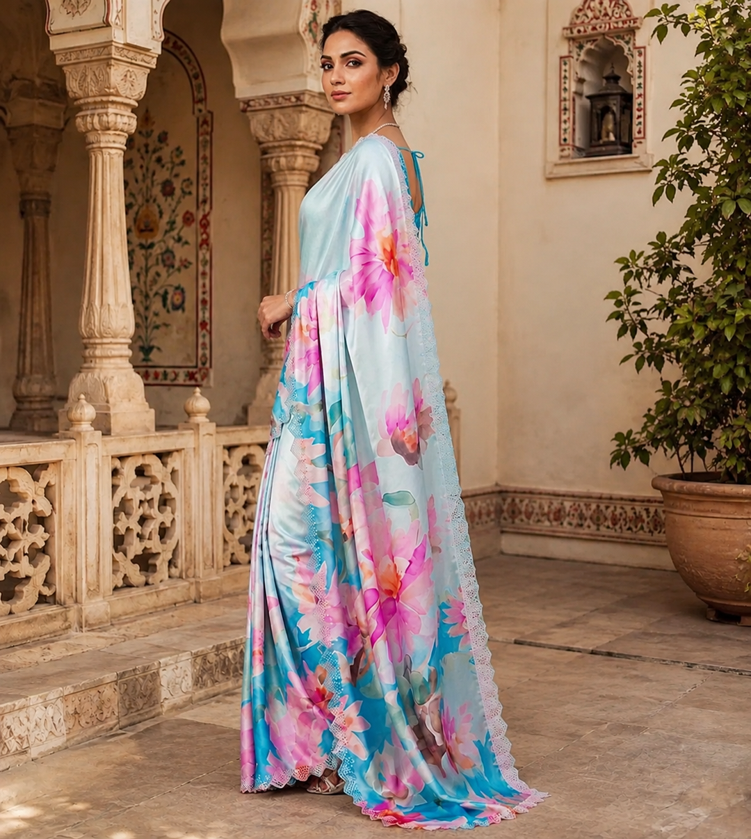 Pure Maheshwari Silk Diamond Cut Work With Unstitched Blouse(Sky)
