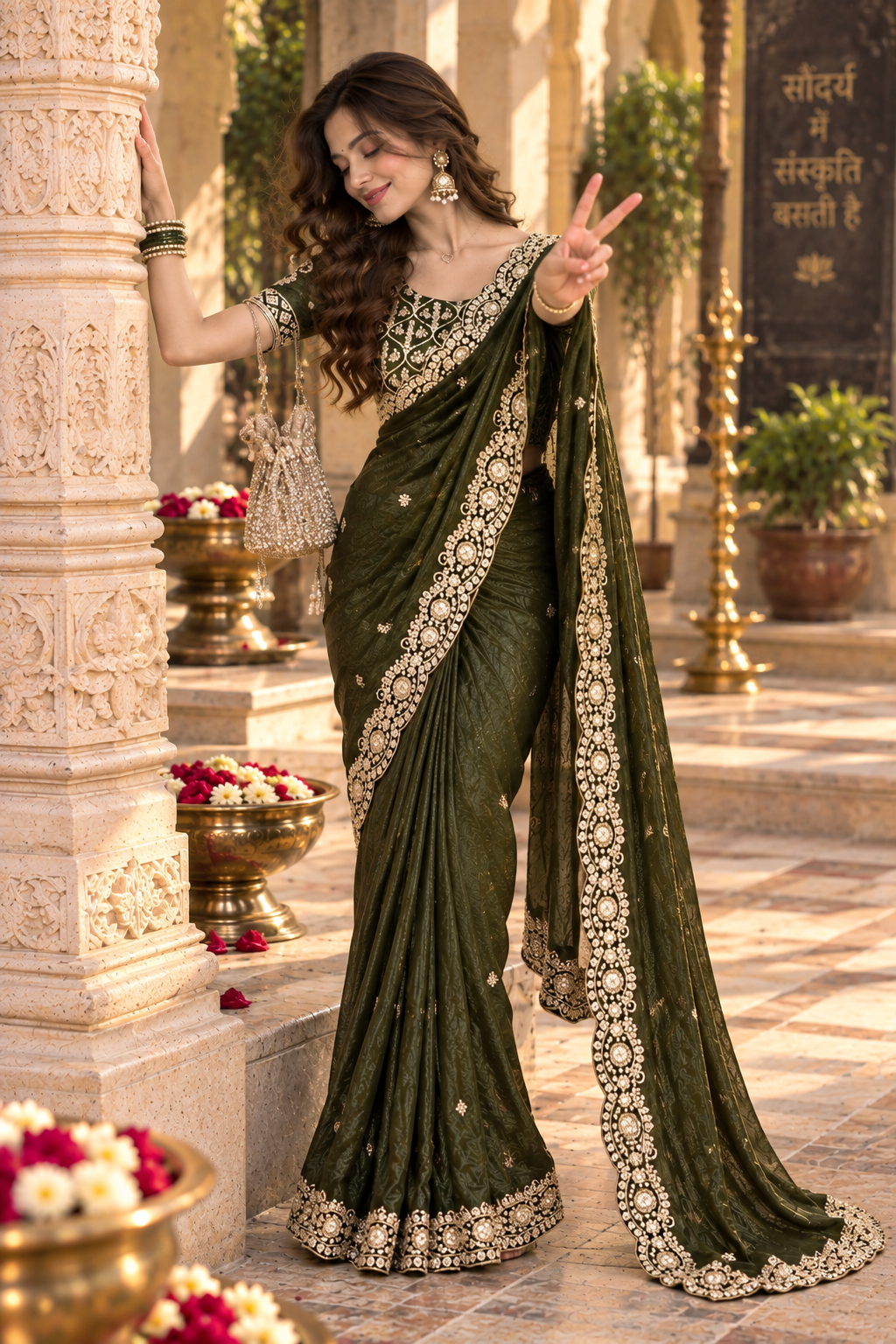 Satin Silk Embroidery Work Saree With Unstitched Blouse(Mehendi)