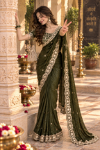 Satin Silk Embroidery Work Saree With Unstitched Blouse(Mehendi)