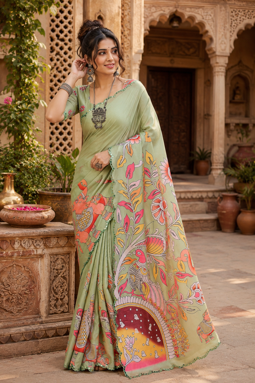Manipuri Silk Kalamkari Print Saree With Unstitched Blouse(Green)