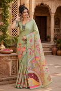Manipuri Silk Kalamkari Print Saree With Unstitched Blouse(Green)